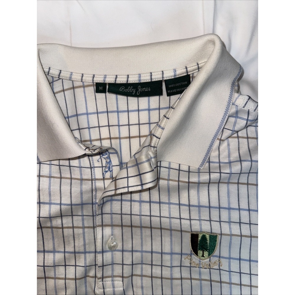 Bobby Jones Men's White Striped Golf Polo Shirt M Large Pine Valley Golf Course